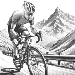 Foto auf Alu-Dibond Fahrradfahrer Rennfahrer biker auf Bergstraße Alpen Bergauf Bergab, bei Sonne mit Gebirge im Hintergrund Berge © Tom