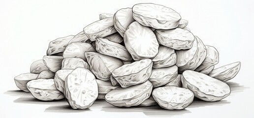 the image shows a pile of potato chips, in the style of crisp lines, stipple, zuckerpunk, zany - obrazy, fototapety, plakaty