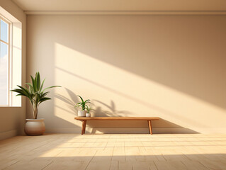 Sunlight outside the window and light and shadow on the wall, 3D rendering of an empty room indoors