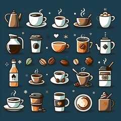 set of coffee icons, such as tea, drinks, cocoa, cup, cafe,- Generative AI