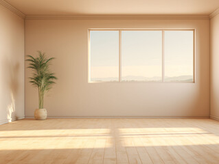 Sunlight outside the window and light and shadow on the wall, 3D rendering of an empty room indoors