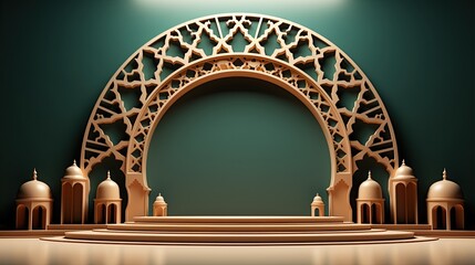 green podium with beige elements in Arabic minimalist style. Podium in the style of Ramadan, Eid Mubarak. AI generated
