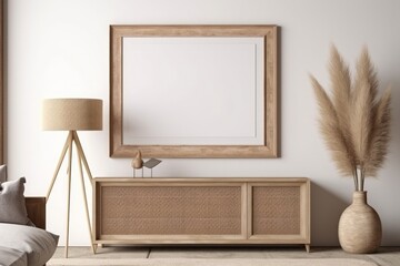 Horizontal frame mockup in boho living room interior, 3d render, Generative AI