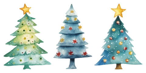 Watercolor Christmas trees vector set, decorated lights on white background