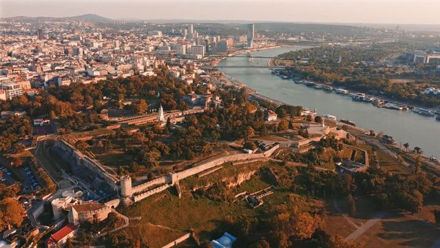 Aerial view of Belgrade rivers and cityscape, Serbia.