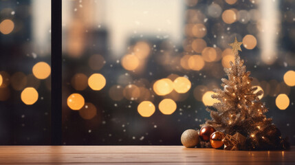 Christmas decoration on wooden table with bokeh lights background. Copy space.