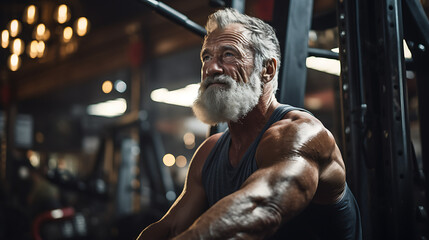 Old man training muscle in a dusted gym, depth of field, strong man - obrazy, fototapety, plakaty