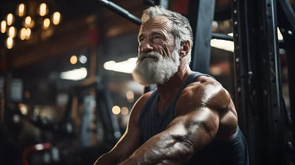 Fotobehang Old man training muscle in a dusted gym, depth of field, strong man © Lisanne