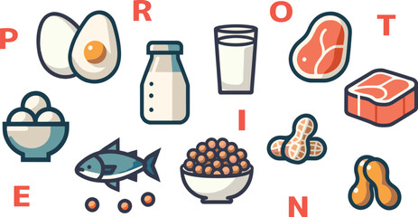 Set of protein food icons. Vector illustration in flat design style. Generative AI.