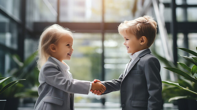Two business kids shaking hands in front of office building.