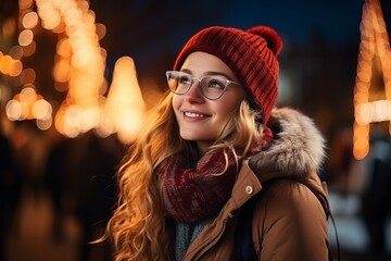 A woman wearing glasses and a red hat while out looking at Christmas lights.
