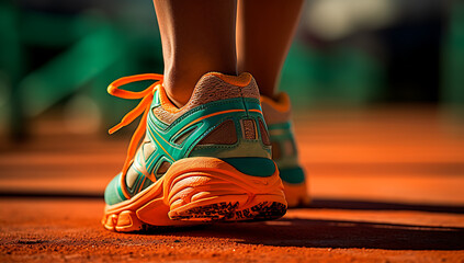Athlete on track closeup view of orange and green running shoes. - Depth of field