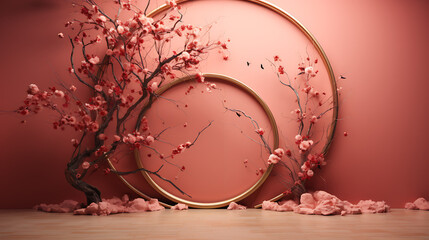 Gold circular stand - cherry blossom on a pink background - vibrant stage backdrops, soft...