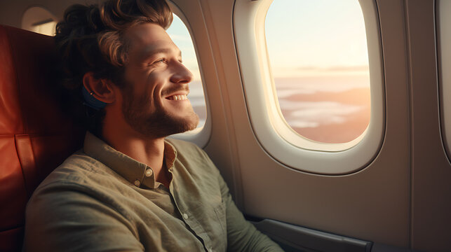 A Male is looking out the window of a airplane.