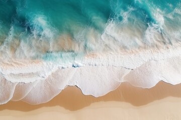 Ocean waves on the beach as a background. Beautiful natural summer vacation holidays background. Aerial top down view of beach and sea with blue water, Generative AI