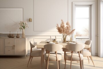 Cozy dining room interior in beige, 3d render, Generative AI