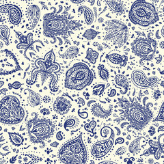 Damask paisley seamless repeat pattern on white background. Random placed, blue vector heritage, boho elements all over surface print.