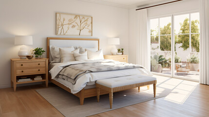 Fototapeta na wymiar Warm cheerful bedroom with a bamboo headboard two tree
