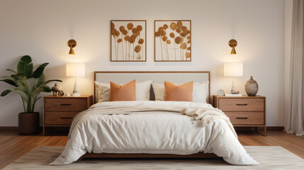 Warm cheerful bedroom with a bamboo headboard two tree