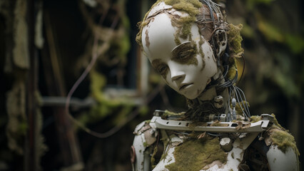 In the near future, an abandoned, rusty, moss-grown female android robot.