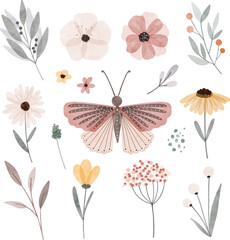 Watercolor Illustration set of flowes and leaves