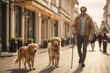 A blind man wearing sunglasses and holding a stick in his hand walks down the street with a big two...