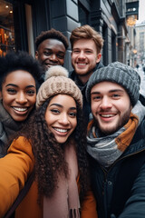 A multicultural guys and girls taking selfie on autumn winter fashion clothes, diverse group of friends joyfully posing together while taking a selfie with genius smile 