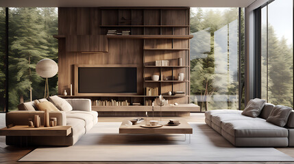 modern and minimalist living room interior design with sofa and TV - obrazy, fototapety, plakaty
