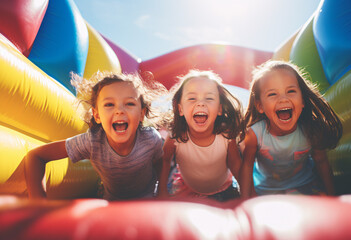 Kids on the inflatable bounce house, Capture the joyous energy of group of little Caucasian girls at playing bouncing and laughing in an inflatables bouncer castle - obrazy, fototapety, plakaty