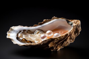 Open oyster with pearl isolated on dark background - obrazy, fototapety, plakaty