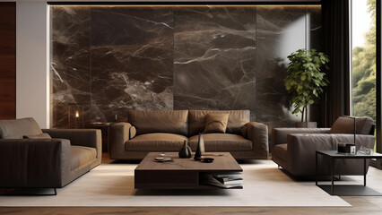 A stately living room with a leather sofa and footrest, and walls decorated with marble.