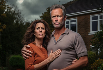 Obraz premium middle aged couple struggling with debt who have been turned down for a mortgage in the uk, a husband and wife standing in front of their home huge each other with worrying expression 
