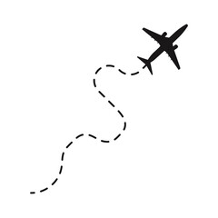 Airplane path vector icon of air flight route with starting point and dotted line