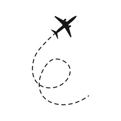 Airplane path vector icon of air flight route with starting point and dotted line