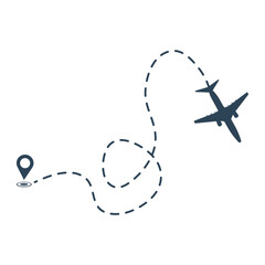 Airplane path vector icon of air flight route with starting point and dotted line