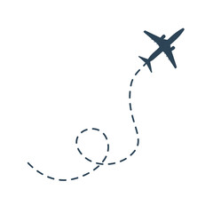 Airplane path vector icon of air flight route with starting point and dotted line