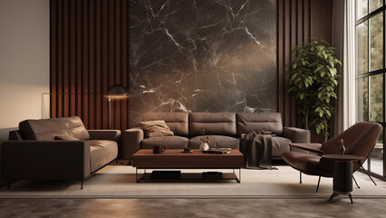 A stately living room with a leather sofa and footrest, and walls decorated with marble.
