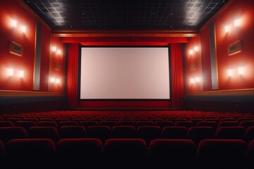 Empty cinema in red color with white blank screen