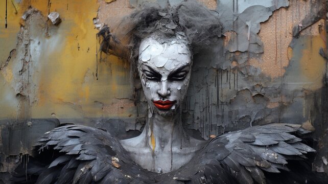 Black swan with painted face an old basalt watercolor image Ai generated art