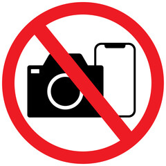 No cameras, no mobile phones allowed sign icon, no photography or video, prohibition sign in red color symbol. Crossed out circle illustration, no taking pictures or video graphic design.