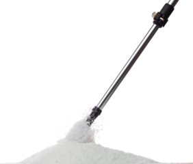 Trekking Poles put on snow ice. Telescopic trekking poles stick device for elderly people to walk with support protection hiking in woods mountain. White background isolated