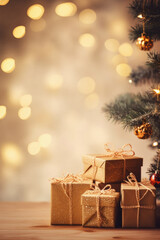 Christmas gift boxes and christmas tree on bokeh background.