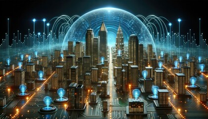 A digital metropolis glows with luminous buildings, interconnected by shimmering circuits and guarded by radiant light bulbs, all under a vast protective cybersecurity dome
