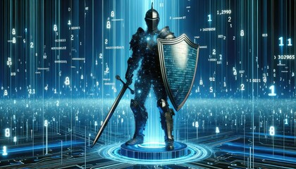 A digital knight stands vigilant in a vibrant cyberspace, shielded against a torrent of data streams and glowing numbers. This symbolic guardian represents the frontline of cybersecurity. - obrazy, fototapety, plakaty