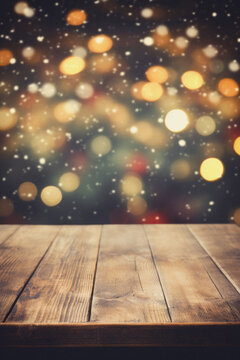 Wooden table against blurred christmas lights over wooden planks background.