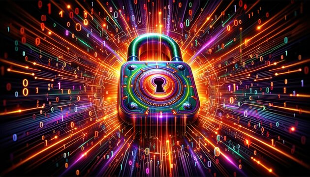 Centered in a whirlwind of radiant binary code, a multicolored padlock pulses, epitomizing advanced cybersecurity. Vibrant light trails depict dynamic data encryption and fortified digital defense.