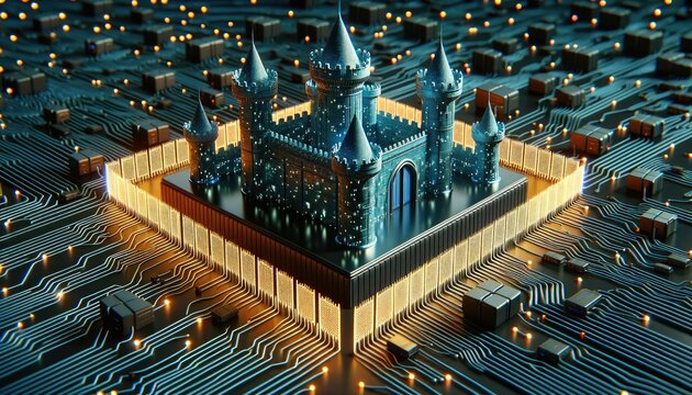 A shimmering digital castle stands surrounded by intricate circuitry, symbolizing fortified cybersecurity. Amidst the electronic landscape, pulsing pathways and components radiate a protective aura.