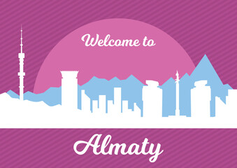 Vector illustration. Festive postcard for the Day of the City of Almaty, Republic of Kazakhstan, silhouettes of sights