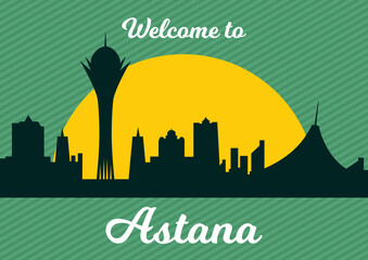 Vector illustration. Festive postcard for the Day of the City of Astana,  Republic of Kazakhstan, silhouettes of sights