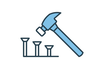 Nail and Hammer Icon. Icon related to Construction. suitable for web site, app, user interfaces, printable etc. Flat line icon style. Simple vector design editable